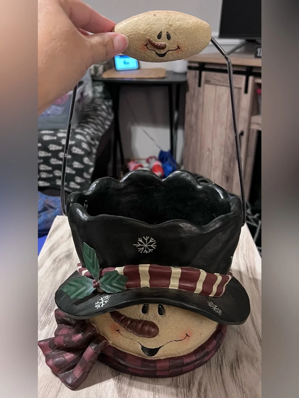 Crazy Mountain Woodworks Snowman Hat Ceramic Basket Christmas Candy Bucket Holid